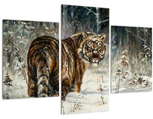 Slika - Tiger v zasneženem gozdu, oljna slika (90x60 cm)