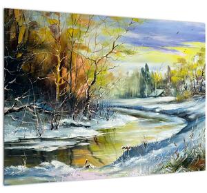 Staklena slika zimske reke, oljna slika (70x50 cm)