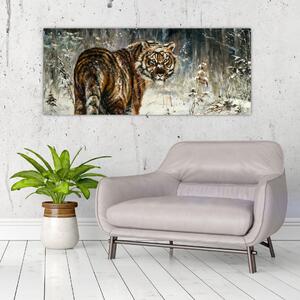 Slika - Tiger v zasneženem gozdu, oljna slika (120x50 cm)
