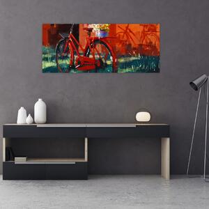 Poslikava rdečega kolesa, slika z akrilom (120x50 cm)