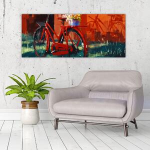 Poslikava rdečega kolesa, slika z akrilom (120x50 cm)