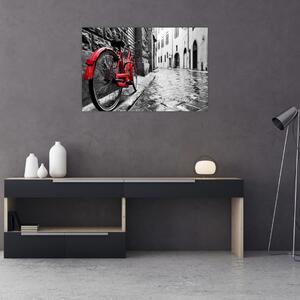 Slika rdečega kolesa na tlakovani ulici (90x60 cm)