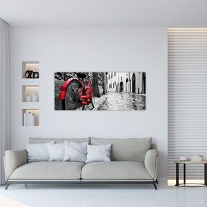 Slika rdečega kolesa na tlakovani ulici (120x50 cm)