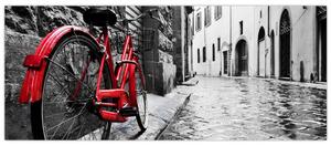 Slika rdečega kolesa na tlakovani ulici (120x50 cm)