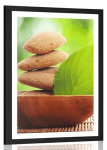 Plakat s paspartuom Zen kamenje i list u zdjeli