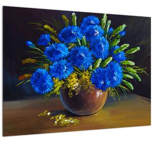 Staklena slika modrih rož v vazi (70x50 cm)