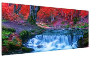 Slika slapa v rdečem gozdu (120x50 cm)