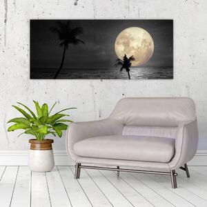 Slika - Plaža pod polno luno v sivih tonih (120x50 cm)