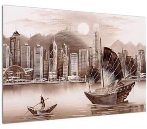 Slika - Victoria Harbour, Hong Kong, učinek sepije (90x60 cm)