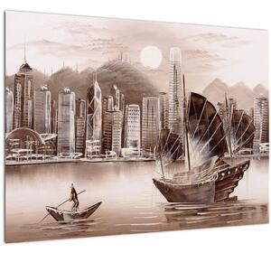 Staklena slika - Victoria Harbour, Hong Kong, učinek sepije (70x50 cm)