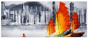 Slika - Victoria Harbor, Hong Kong, črno-bela oljna slika (120x50 cm)