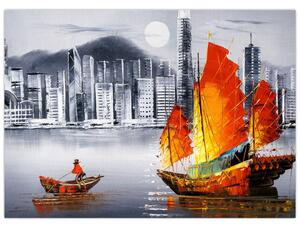 Slika - Victoria Harbor, Hong Kong, črno-bela oljna slika (70x50 cm)