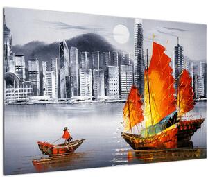 Slika - Victoria Harbor, Hong Kong, črno-bela oljna slika (90x60 cm)