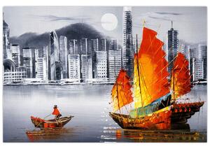 Slika - Victoria Harbor, Hong Kong, črno-bela oljna slika (90x60 cm)