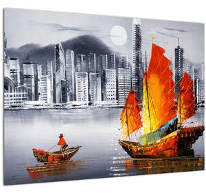 Staklena slika - Victoria Harbor, Hong Kong, črno-bela oljna slika (70x50 cm)