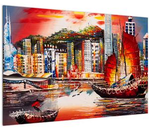 Slika - Victoria Harbour, Hong Kong, oljna slika (90x60 cm)