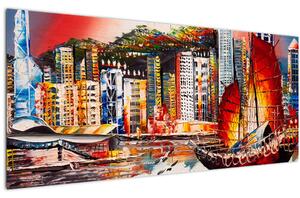 Slika - Victoria Harbour, Hong Kong, oljna slika (120x50 cm)