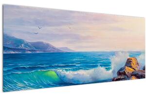 Slika valov, ki udarjajo v pečine, oljna slika (120x50 cm)