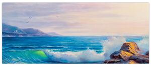 Slika valov, ki udarjajo v pečine, oljna slika (120x50 cm)