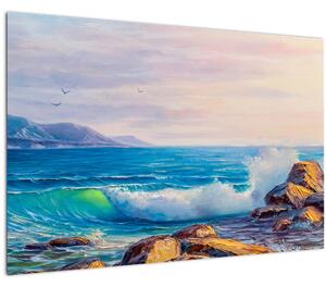 Slika valov, ki udarjajo v pečine, oljna slika (90x60 cm)