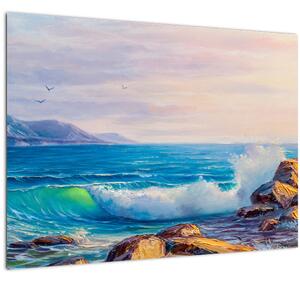 Slika valov, ki udarjajo v pečine, oljna slika (70x50 cm)