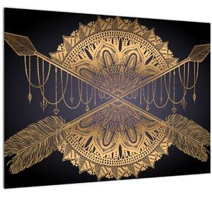 Staklena slika - Zlata mandala s puščicami (70x50 cm)