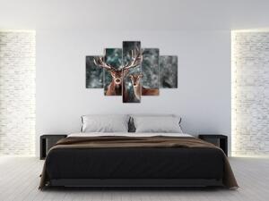 Slika - Jelen in srna v zasneženem gozdu (150x105 cm)