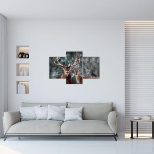 Slika - Jelen in srna v zasneženem gozdu (90x60 cm)