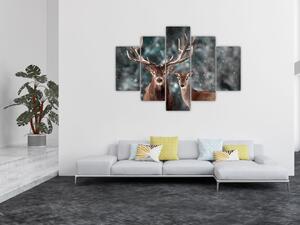 Slika - Jelen in srna v zasneženem gozdu (150x105 cm)