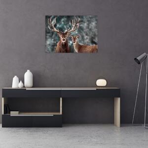 Slika - Jelen in srna v zasneženem gozdu (70x50 cm)