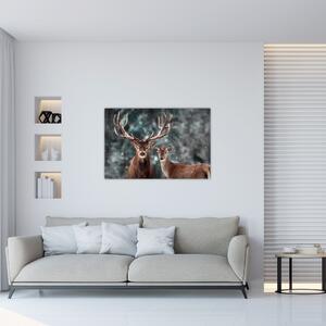 Slika - Jelen in srna v zasneženem gozdu (90x60 cm)
