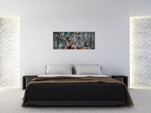 Slika - Jelen in srna v zasneženem gozdu (120x50 cm)