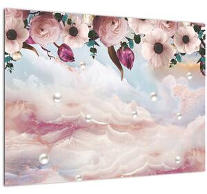 Staklena slika rožnatih cvetov z rožnatim marmorjem (70x50 cm)