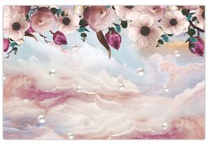 Slika rožnatih cvetov z rožnatim marmorjem (90x60 cm)