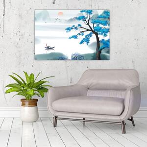 Slika - Naslikano jezero s čolnom (90x60 cm)