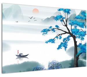 Slika - Naslikano jezero s čolnom (90x60 cm)
