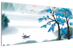 Slika - Naslikano jezero s čolnom (120x50 cm)