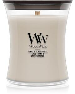 Woodwick Tonka & Almond Milk mirisna svijeća s drvenim fitiljem 275 g