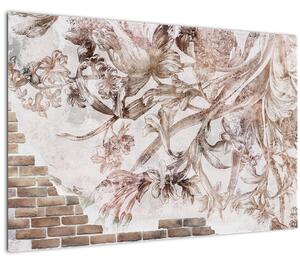 Slika - Freska s cvetjem na opečni steni (90x60 cm)