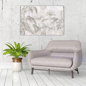 Slika - Tropske rastline na steni v sivi barvi (90x60 cm)