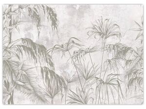 Slika - Tropske rastline na steni v sivi barvi (70x50 cm)