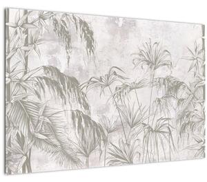 Slika - Tropske rastline na steni v sivi barvi (90x60 cm)