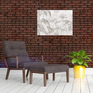 Slika - Tropske rastline na steni v sivi barvi (70x50 cm)