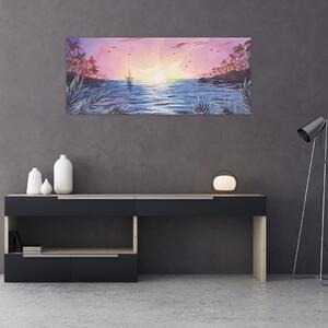 Slika - Sončni zahod nad vodo, akvarel (120x50 cm)