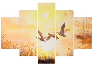Slika - Žerjavi ob sončnem zahodu (150x105 cm)