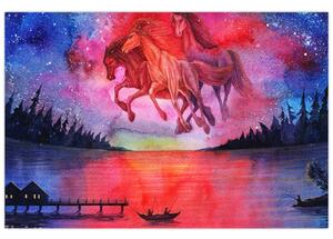 Slika - Prikaz vesoljskih konjev nad jezerom, akvarel (90x60 cm)