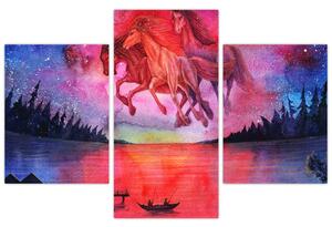 Slika - Prikaz vesoljskih konjev nad jezerom, akvarel (90x60 cm)