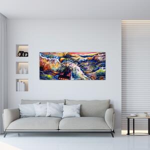 Slika - Ladja na oceanskih valovih, akvarel (120x50 cm)