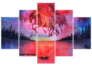 Slika - Prikaz vesoljskih konjev nad jezerom, akvarel (150x105 cm)