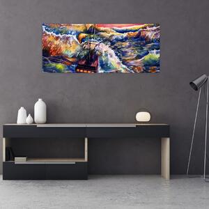 Slika - Ladja na oceanskih valovih, akvarel (120x50 cm)